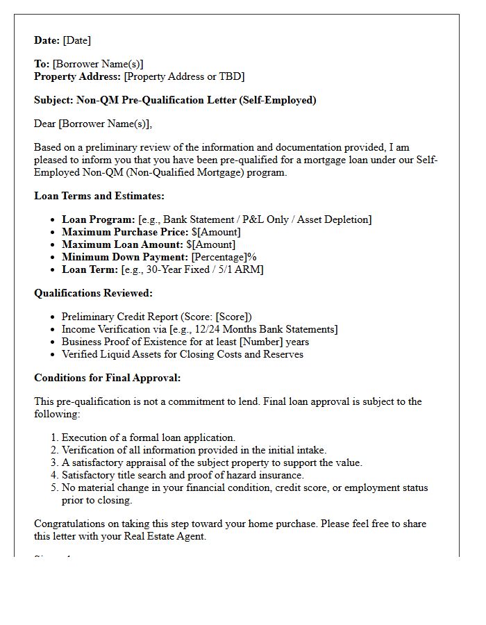 Self-Employed Borrower Non-QM Pre-Qualification Letter