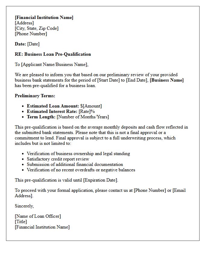Business Account Bank Statement Loan Pre-Qualification Letter