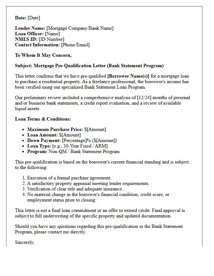 Freelance Professional Bank Statement Loan Pre-Qualification Letter