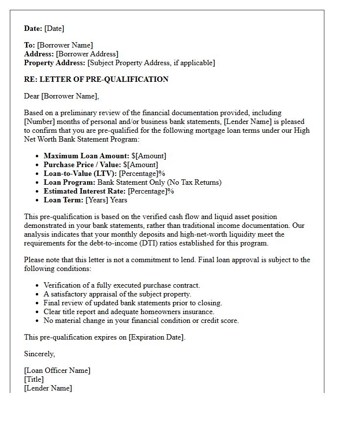 High Net Worth Bank Statement Loan Pre-Qualification Letter