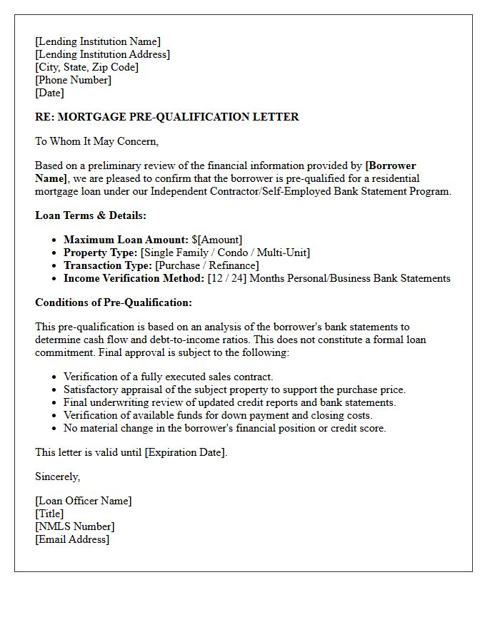 Independent Contractor Bank Statement Loan Pre-Qualification Letter