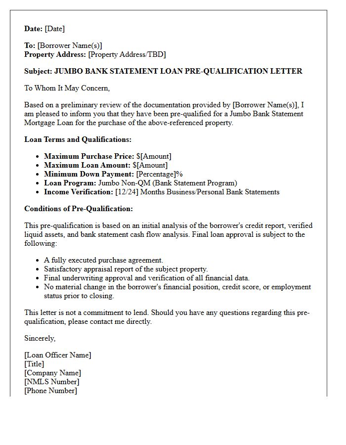 Jumbo Bank Statement Loan Pre-Qualification Letter