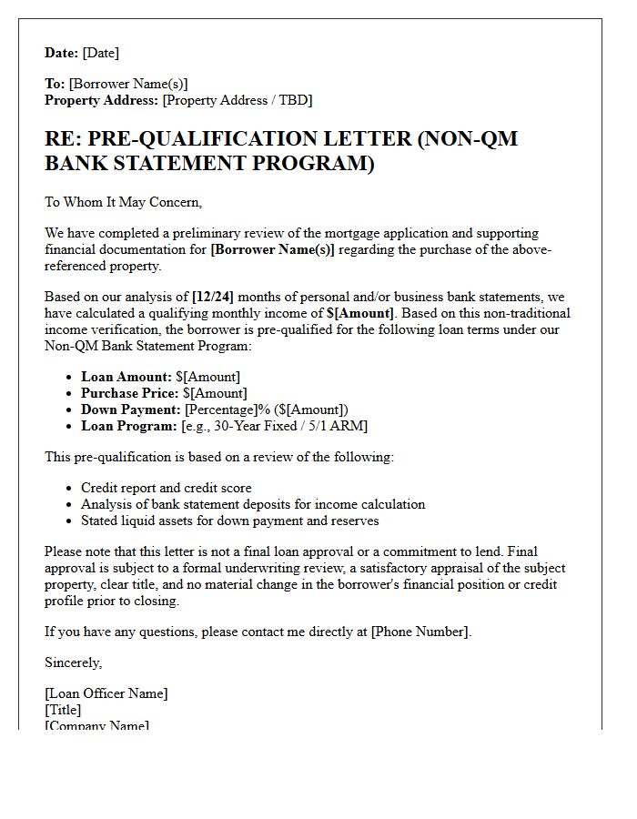 Non-QM Bank Statement Loan Pre-Qualification Letter