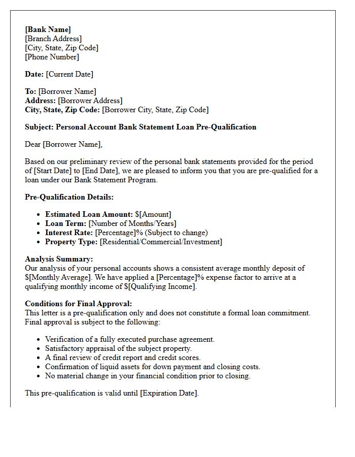 Personal Account Bank Statement Loan Pre-Qualification Letter