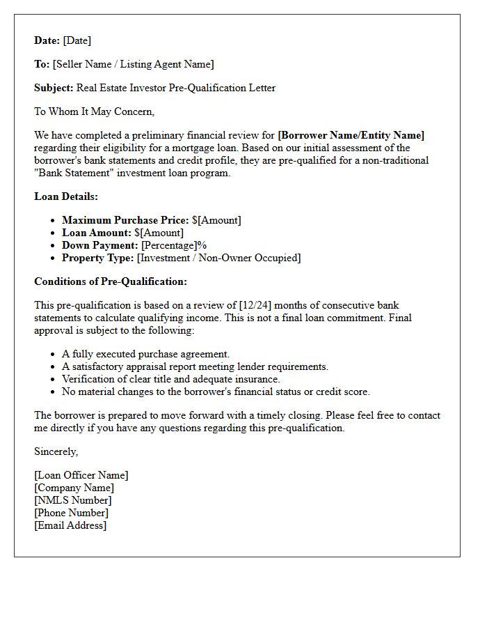 Real Estate Investor Bank Statement Loan Pre-Qualification Letter
