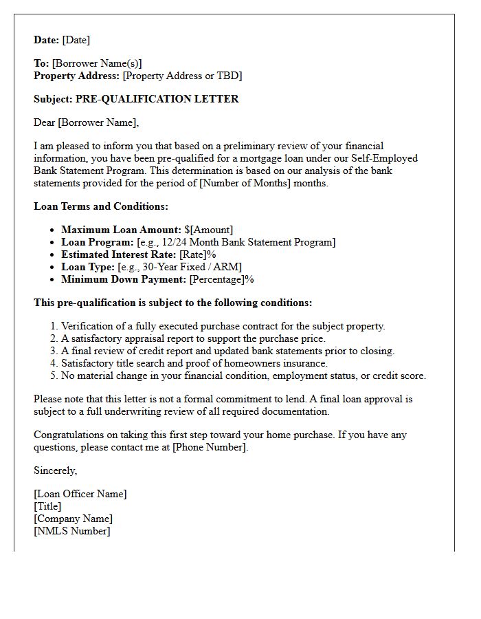 Self-Employed Bank Statement Loan Pre-Qualification Letter