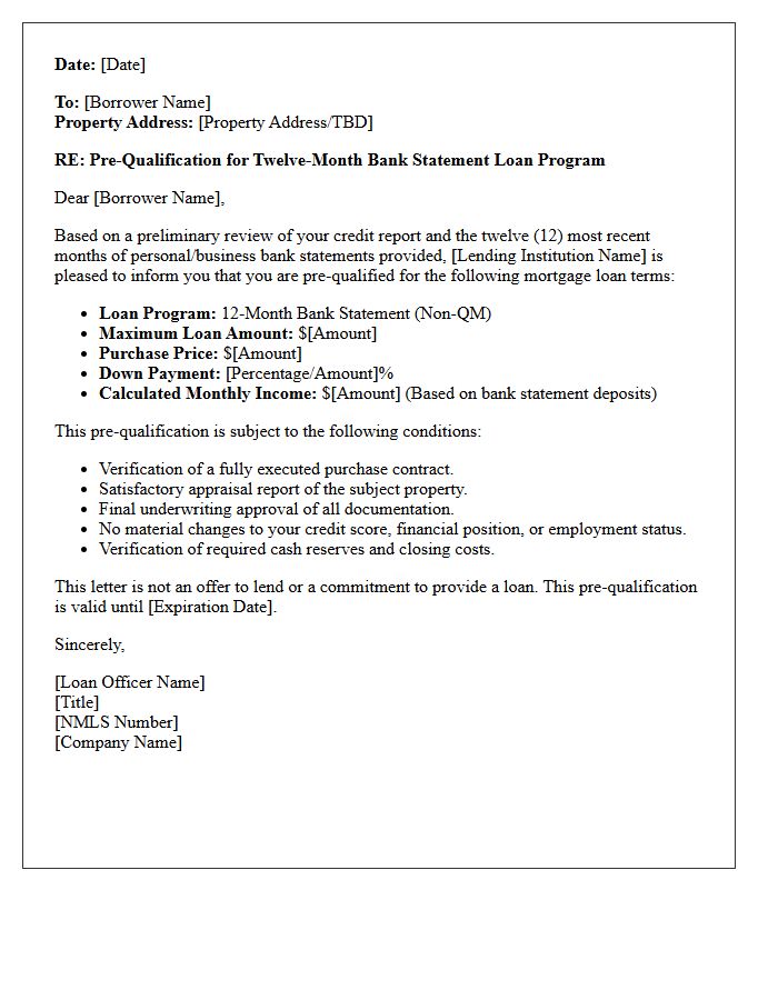 Twelve-Month Bank Statement Loan Pre-Qualification Letter