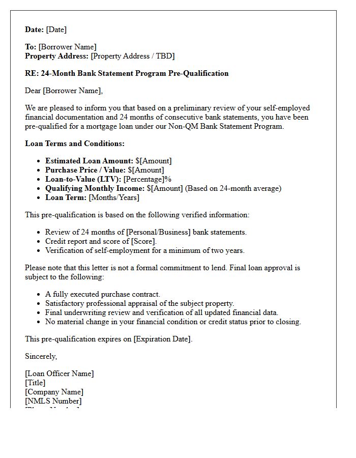 Twenty-Four-Month Bank Statement Loan Pre-Qualification Letter