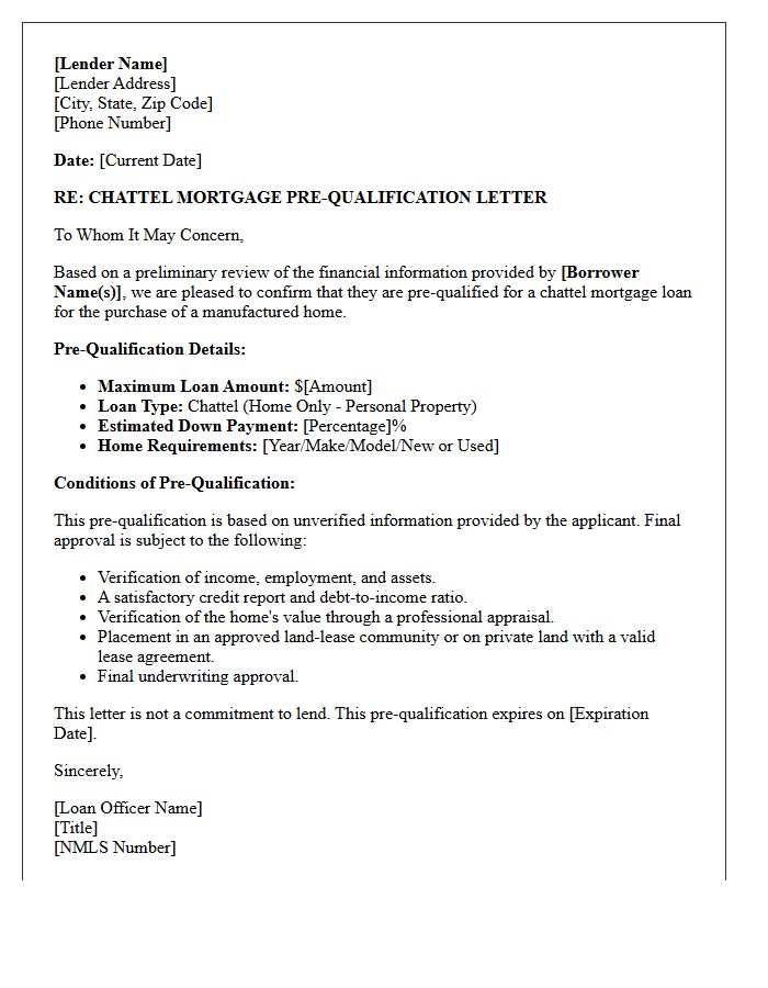 Chattel Mortgage Manufactured Home Pre-Qualification Letter
