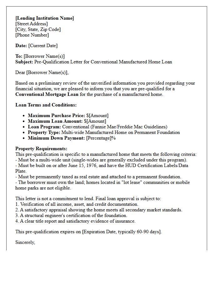 Conventional Loan Manufactured Home Pre-Qualification Letter