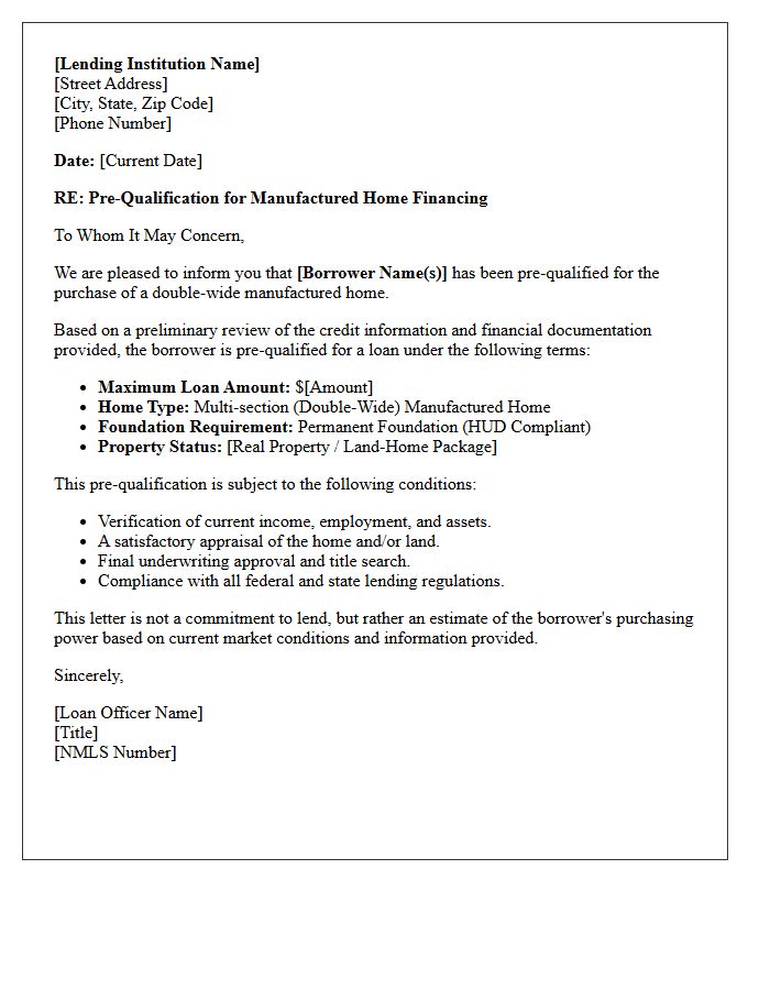 Double-Wide Manufactured Home Pre-Qualification Letter