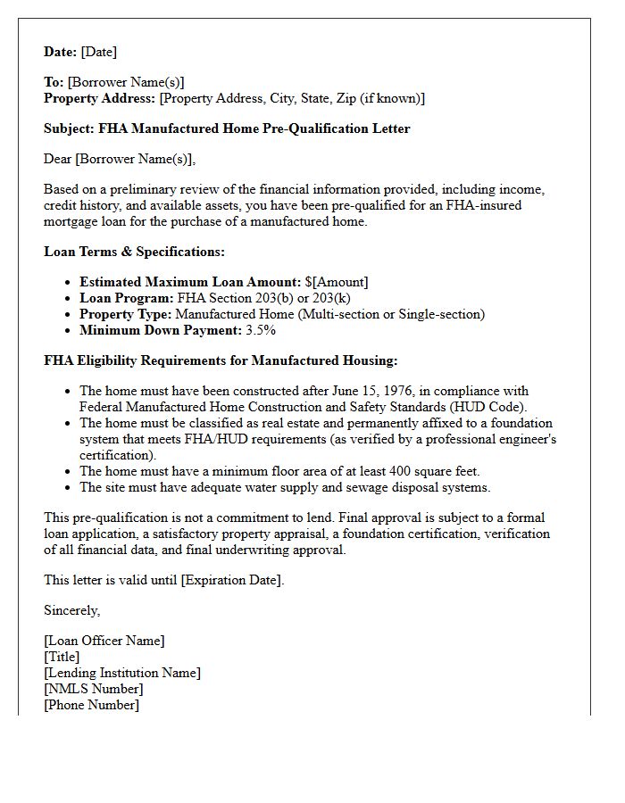 Federal Housing Administration Manufactured Home Pre-Qualification Letter