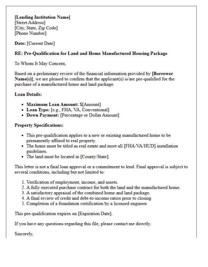 Land and Home Package Manufactured Home Pre-Qualification Letter