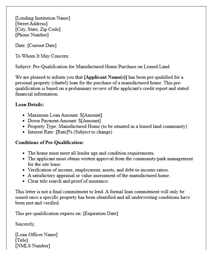 Leased Land Manufactured Home Pre-Qualification Letter