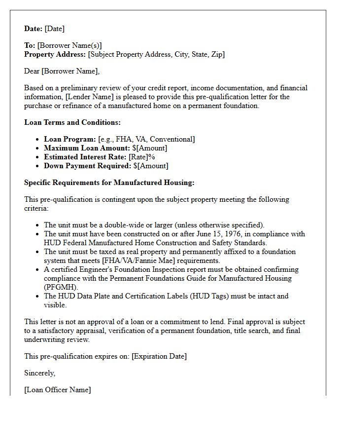 Permanent Foundation Manufactured Home Pre-Qualification Letter