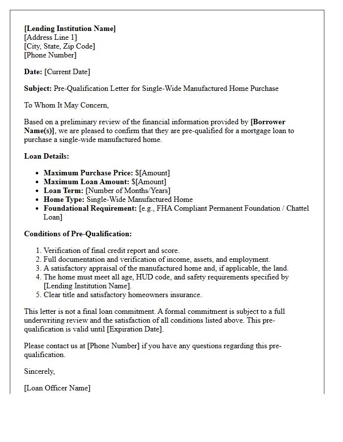 Single-Wide Manufactured Home Pre-Qualification Letter