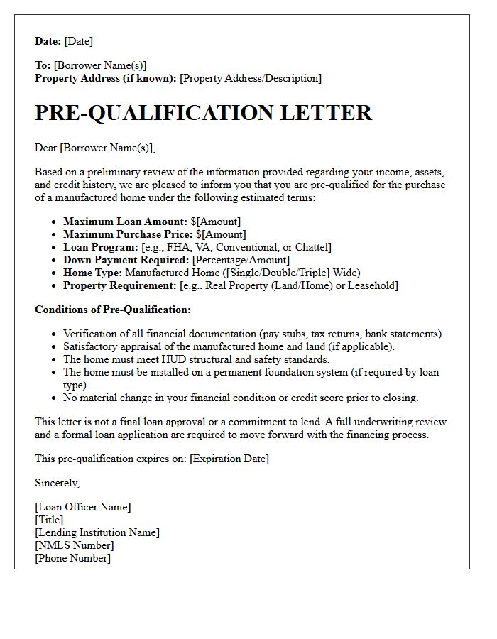 Standard Manufactured Home Pre-Qualification Letter