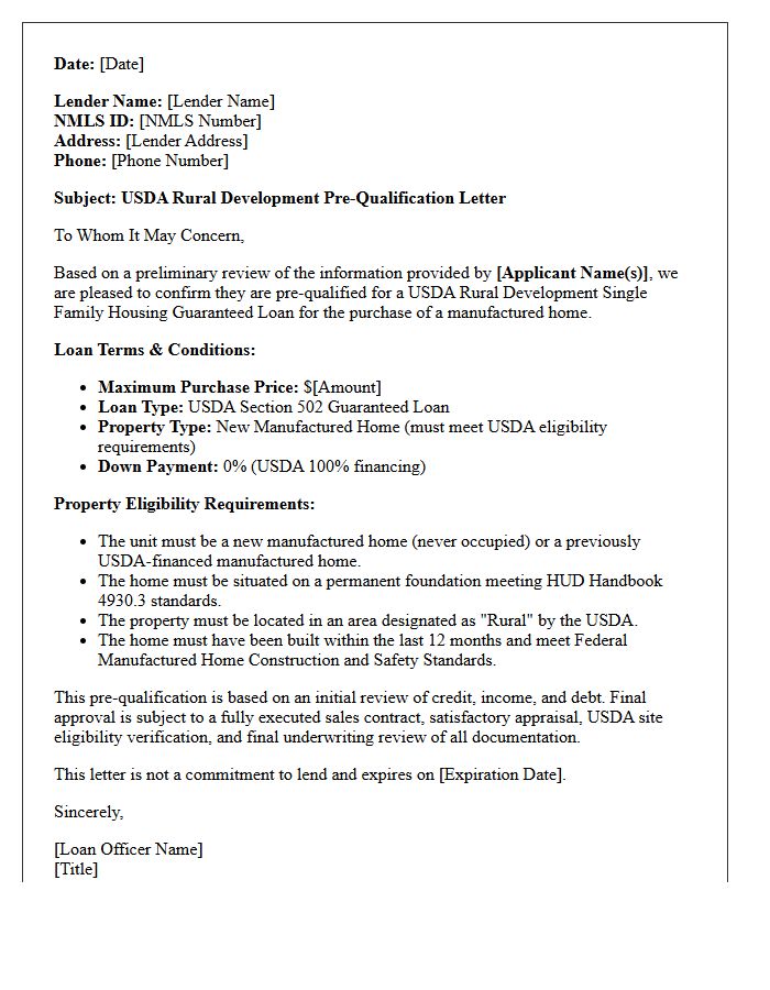 USDA Rural Development Manufactured Home Pre-Qualification Letter