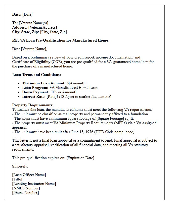 Veterans Affairs Manufactured Home Pre-Qualification Letter