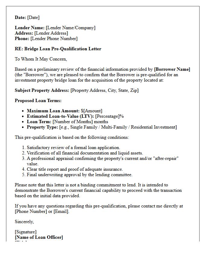 Investment Property Bridge Loan Pre-Qualification Letter