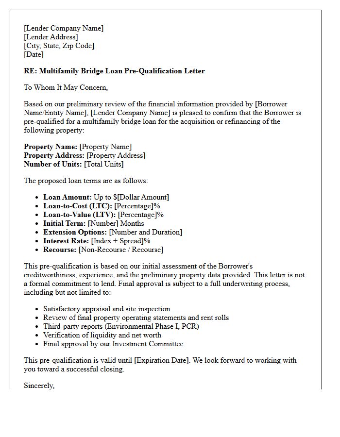 Multifamily Bridge Loan Pre-Qualification Letter