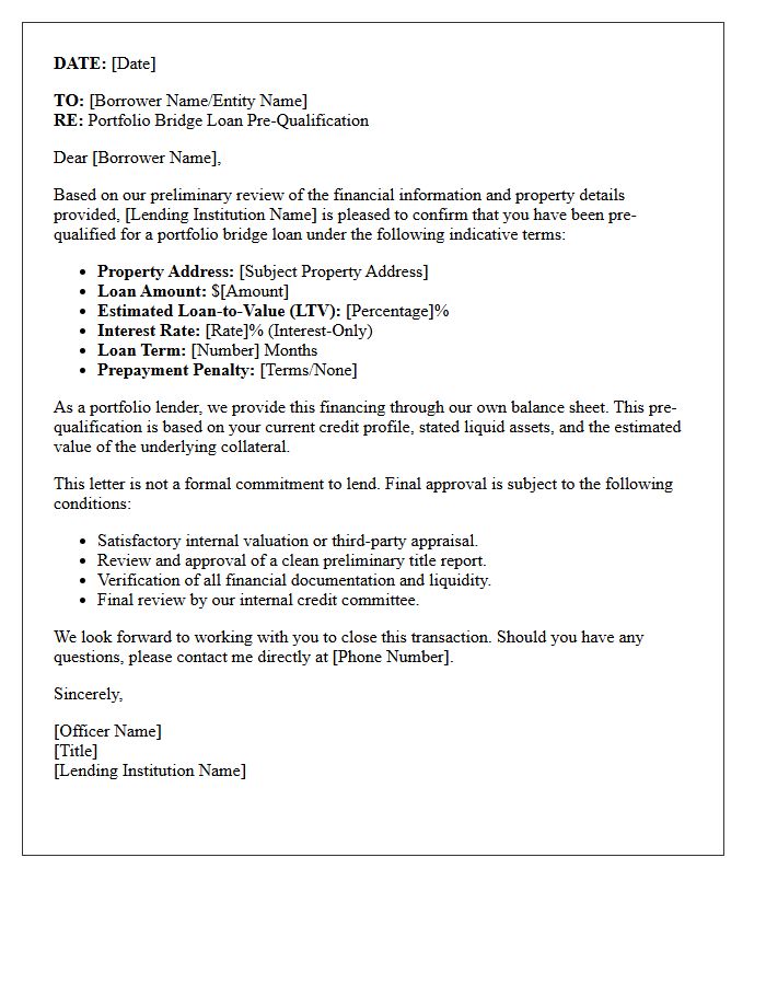 Portfolio Lender Bridge Loan Pre-Qualification Letter