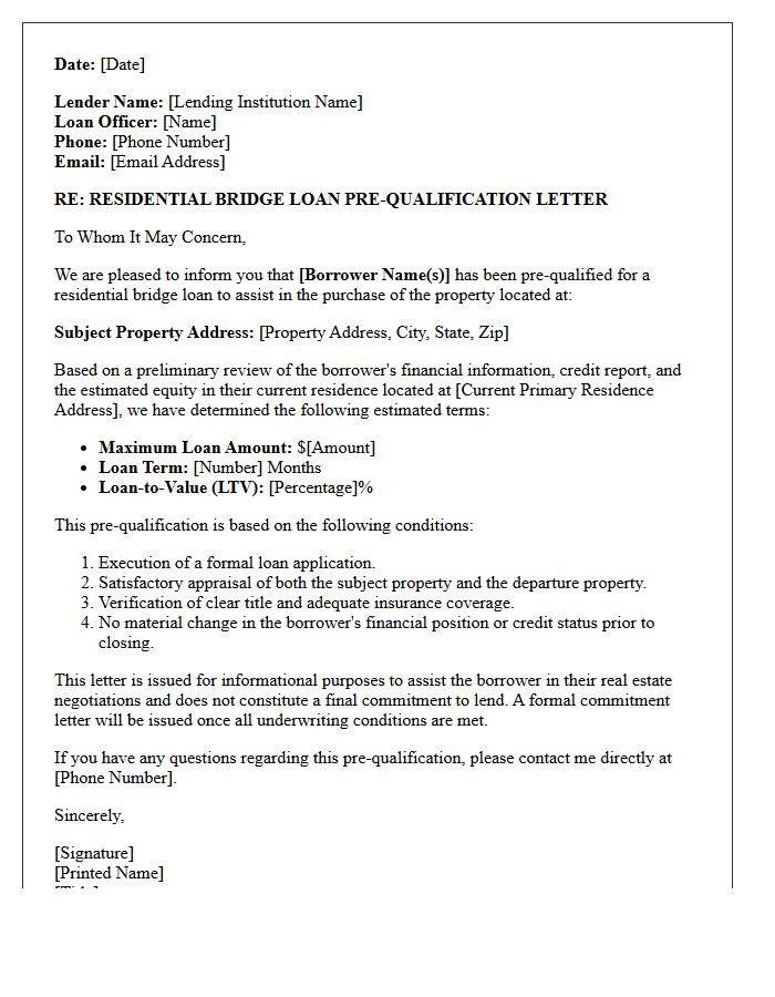 Residential Bridge Loan Pre-Qualification Letter