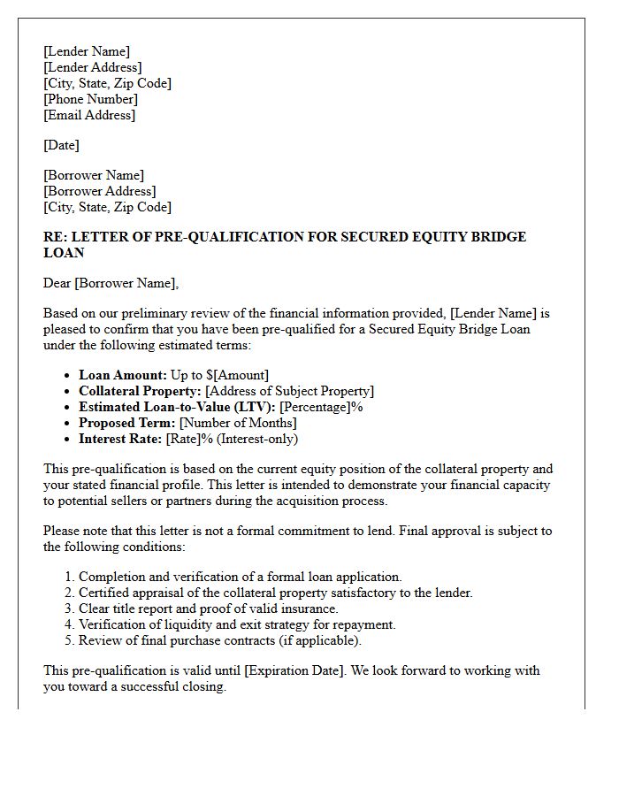 Secured Equity Bridge Loan Pre-Qualification Letter