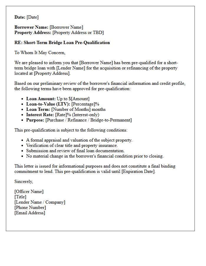 Short-Term Bridge Loan Pre-Qualification Letter