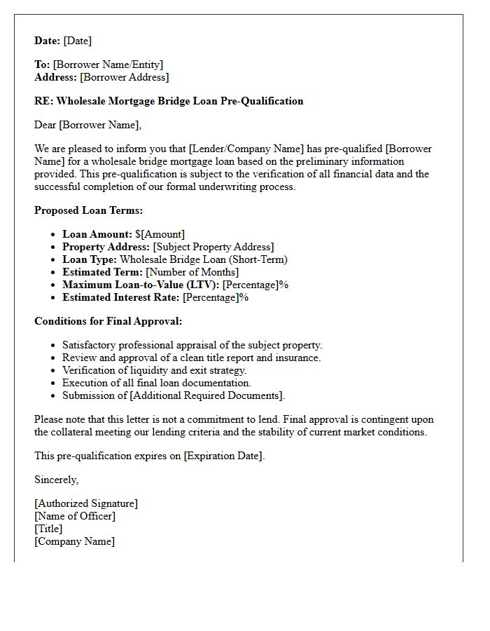 Wholesale Mortgage Bridge Loan Pre-Qualification Letter