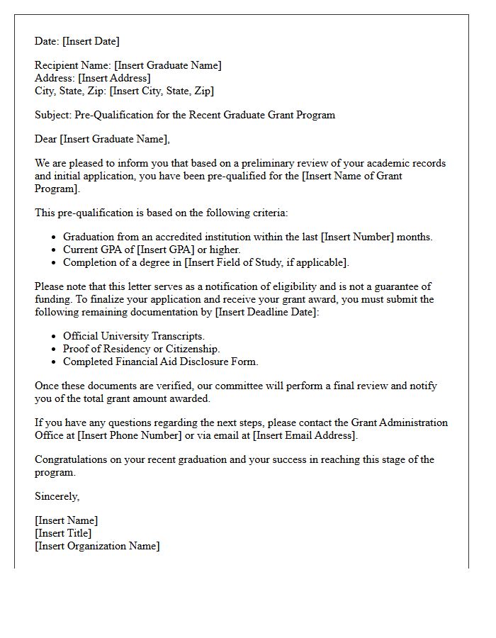 Recent Graduate Grant Program Pre-Qualification Letter