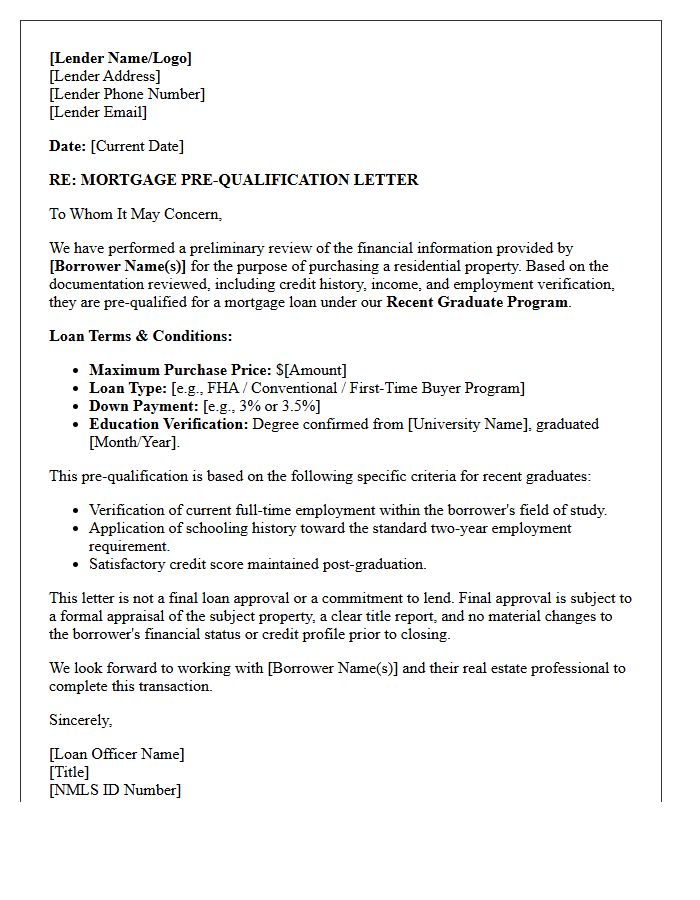 Recent Graduate Low Down Payment Pre-Qualification Letter