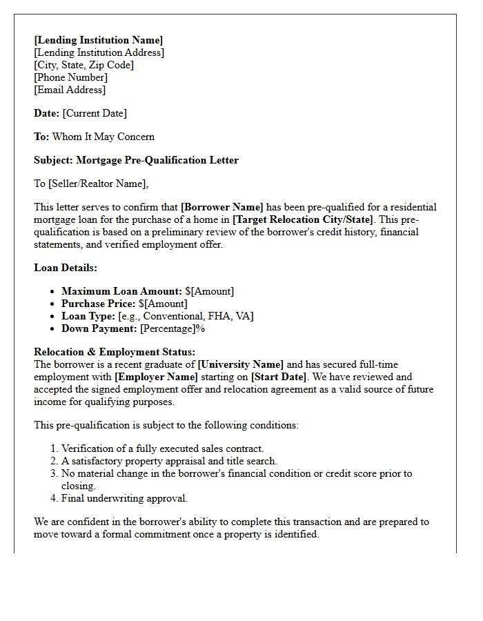 Recent Graduate Relocation Mortgage Pre-Qualification Letter