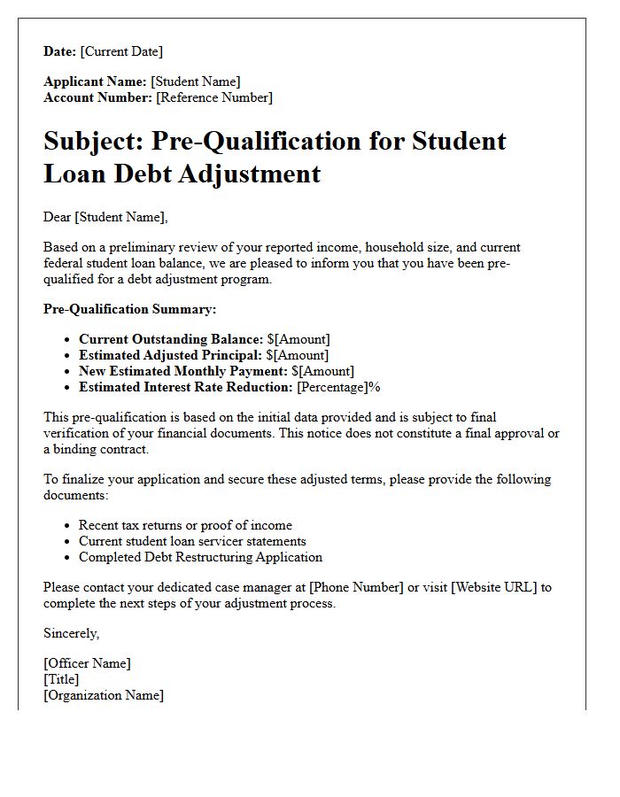 Student Loan Adjusted Debt Pre-Qualification Letter
