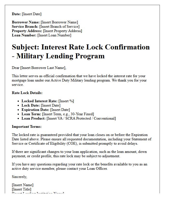 Active Duty Military Rate Lock Confirmation Letter