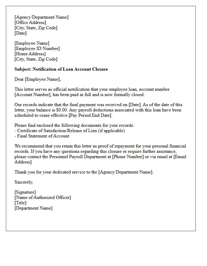Civil Service Employee Loan Closing Letter