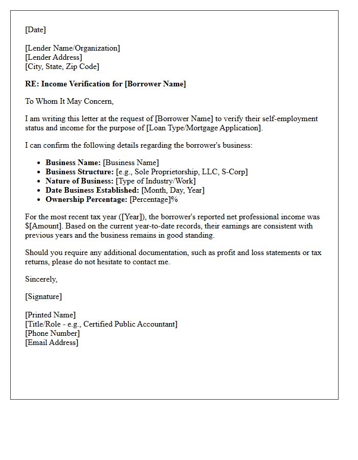 Self-Employed Borrower Income Verification Letter