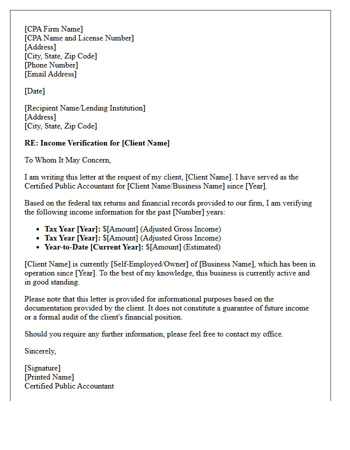 Certified Public Accountant Income Verification Letter