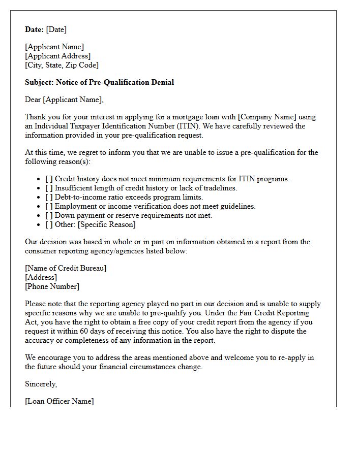 ITIN Borrower Pre-Qualification Denial Letter