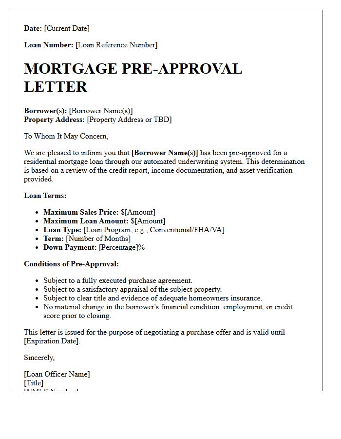 Automated Mortgage System Verified Pre-Approval Letter
