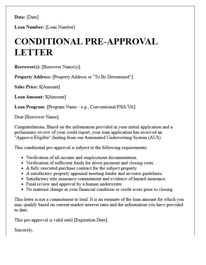Automated Underwriting System Conditional Pre-Approval Letter