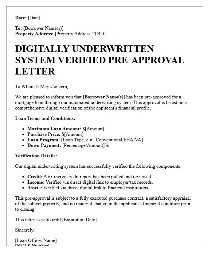 Digitally Underwritten System Verified Pre-Approval Letter