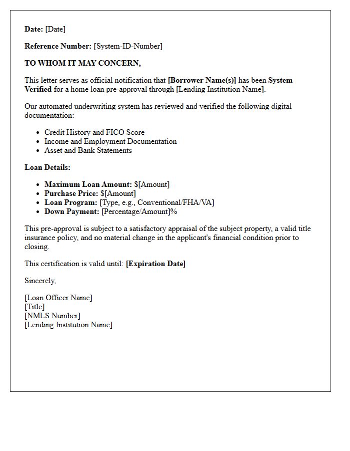 System Verified Home Loan Pre-Approval Letter