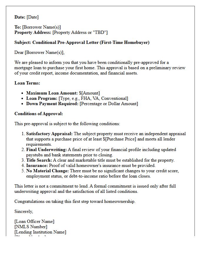 First-Time Buyer Conditional Pre-Approval Letter Contingent on Appraisal