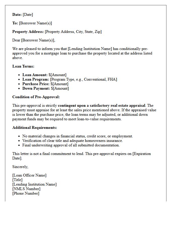 Mortgage Lender Conditional Pre-Approval Letter Contingent Upon Appraisal