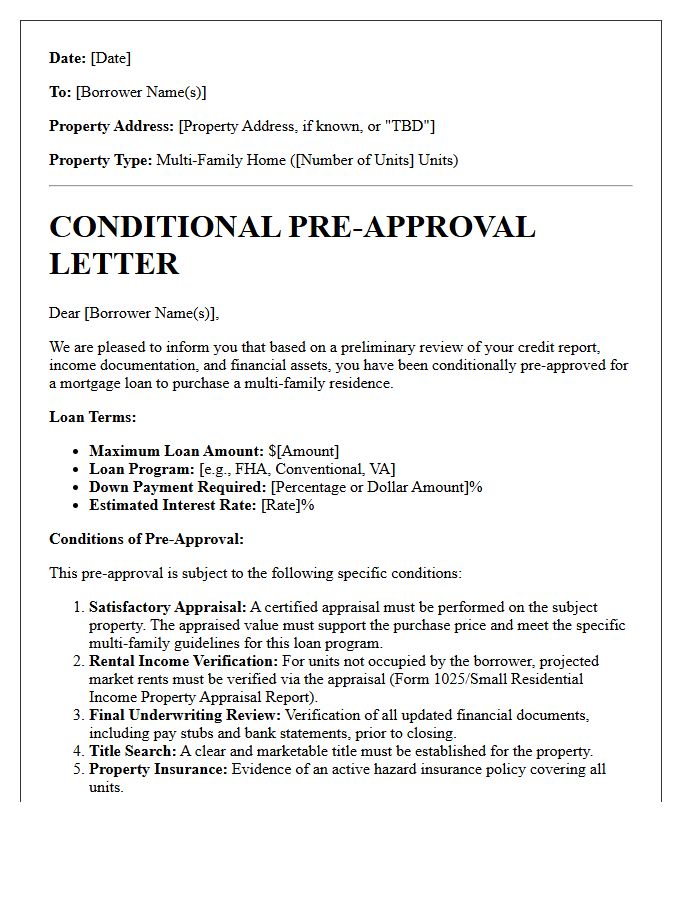Multi-Family Home Conditional Pre-Approval Letter Subject to Appraisal