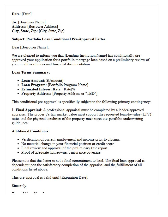 Portfolio Loan Conditional Pre-Approval Letter Subject to Final Appraisal