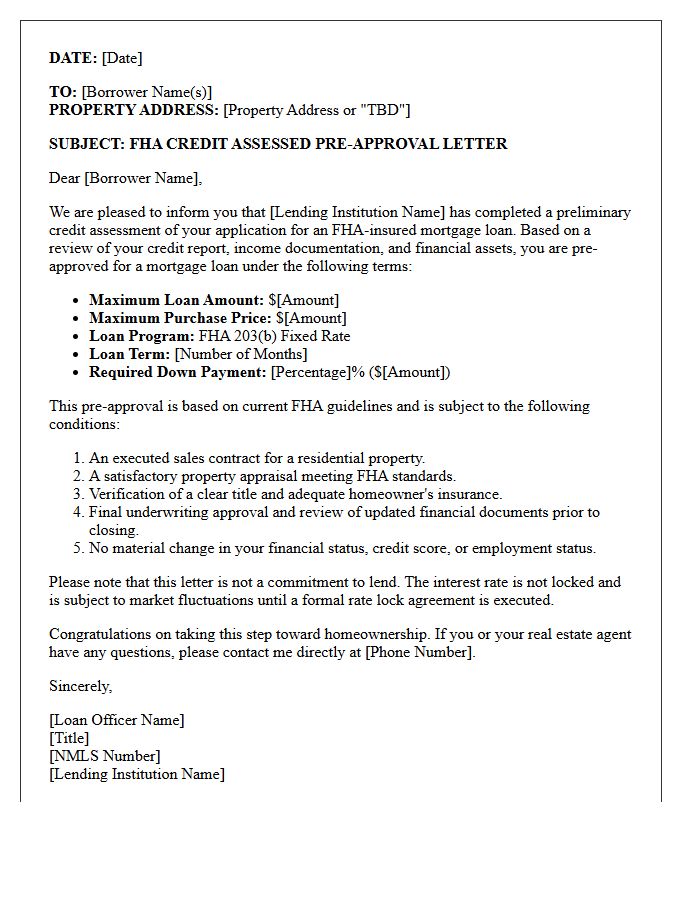 Federal Housing Administration Credit Assessed Pre-Approval Letter