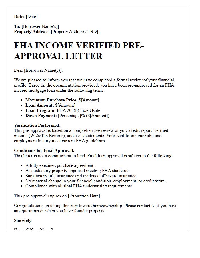 Federal Housing Administration Income Verified Pre-Approval Letter