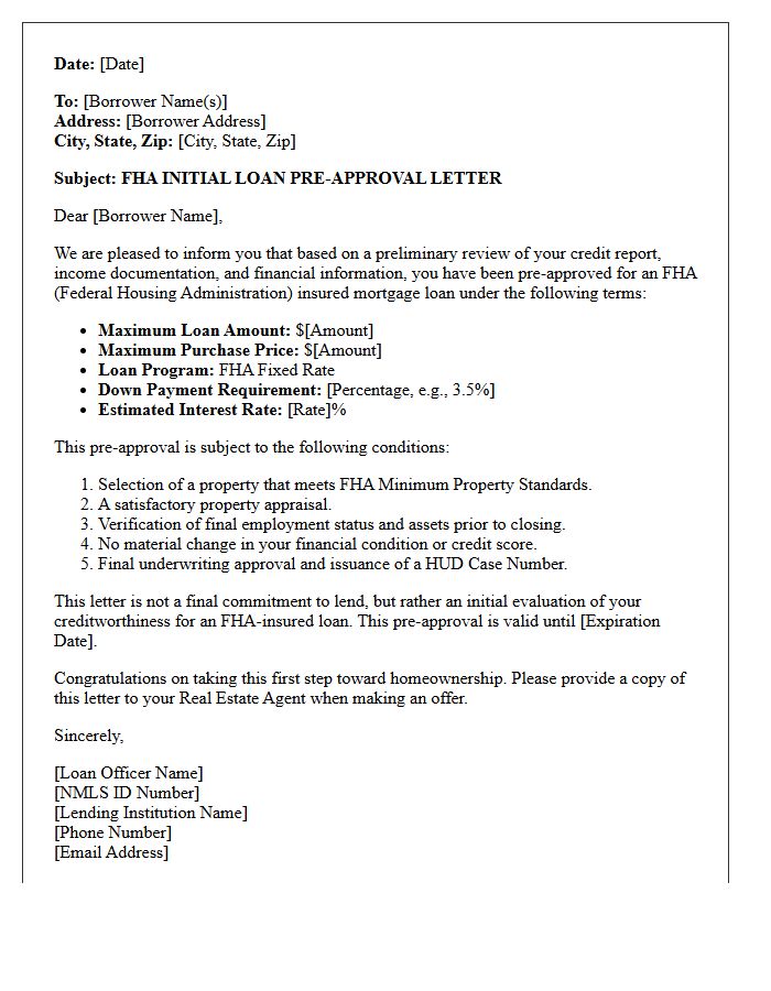 Federal Housing Administration Initial Loan Pre-Approval Letter
